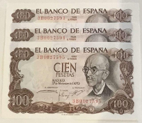 Billetes de 100 pesetas con el rostro de Manuel de Falla.