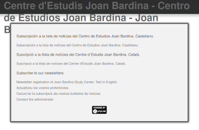Pantalla de subscripción a la lista de correo del Centro de Estudios Joan Bardina. Altas y bajas.